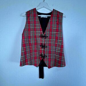 Christina James Women's V-Neck Plaid Vest Red Black Frog Button Holiday Tie-Back